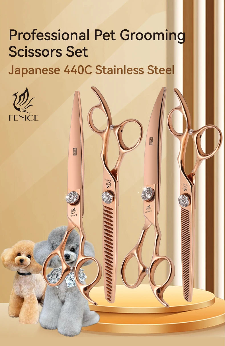 Fenice JP440C Tierpflege-Scherenset 7/7,5/8 Zoll Gerade Gebogene Effilierscheren für Hundefriseure – Detail 1