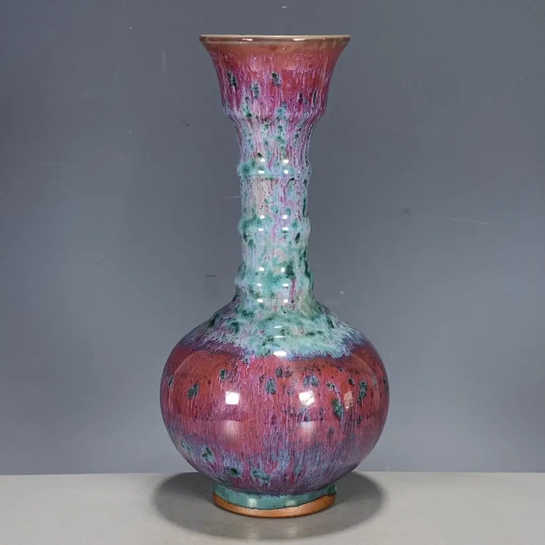 Chinese antique porcelain Jun porcelain kiln green glaze bamboo plate-mouth bottle decorative artwork ornaments