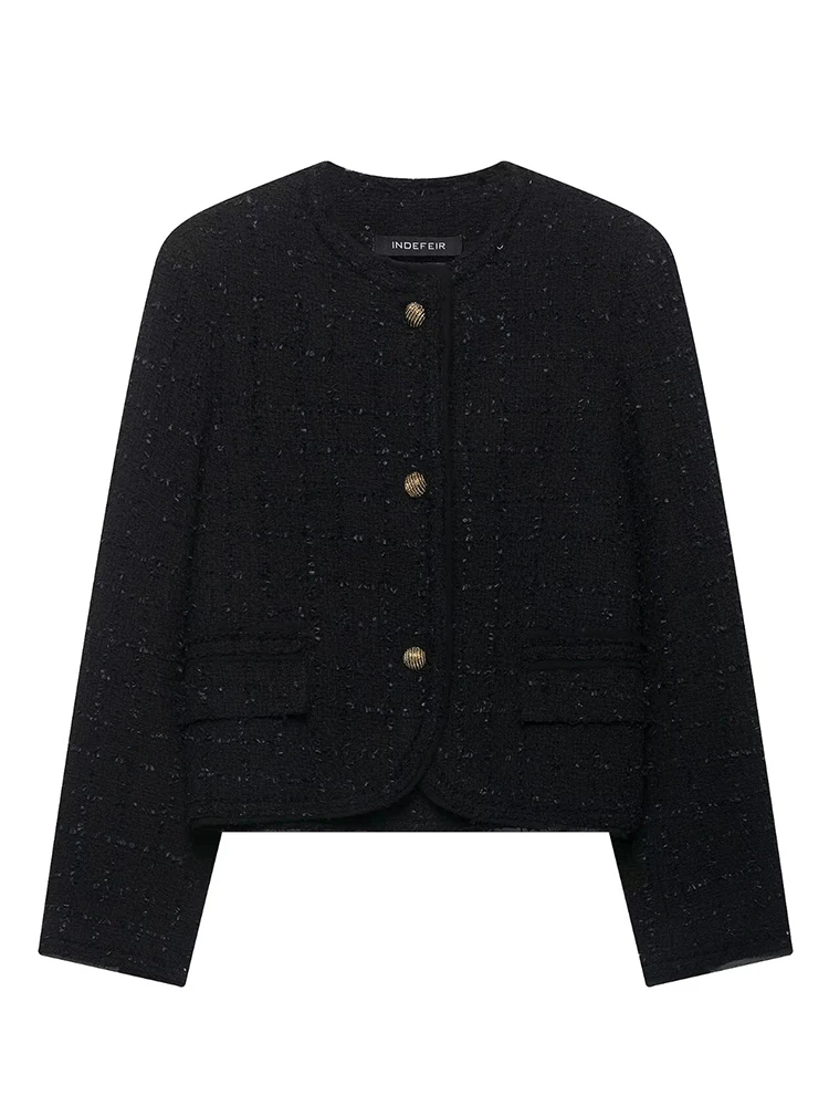 HH Daily Commuter Black Tweed Jacket Women Autumn Winter Gold Button Crew Neck City Walk Casual Chic Versatile Stylish Outerwear