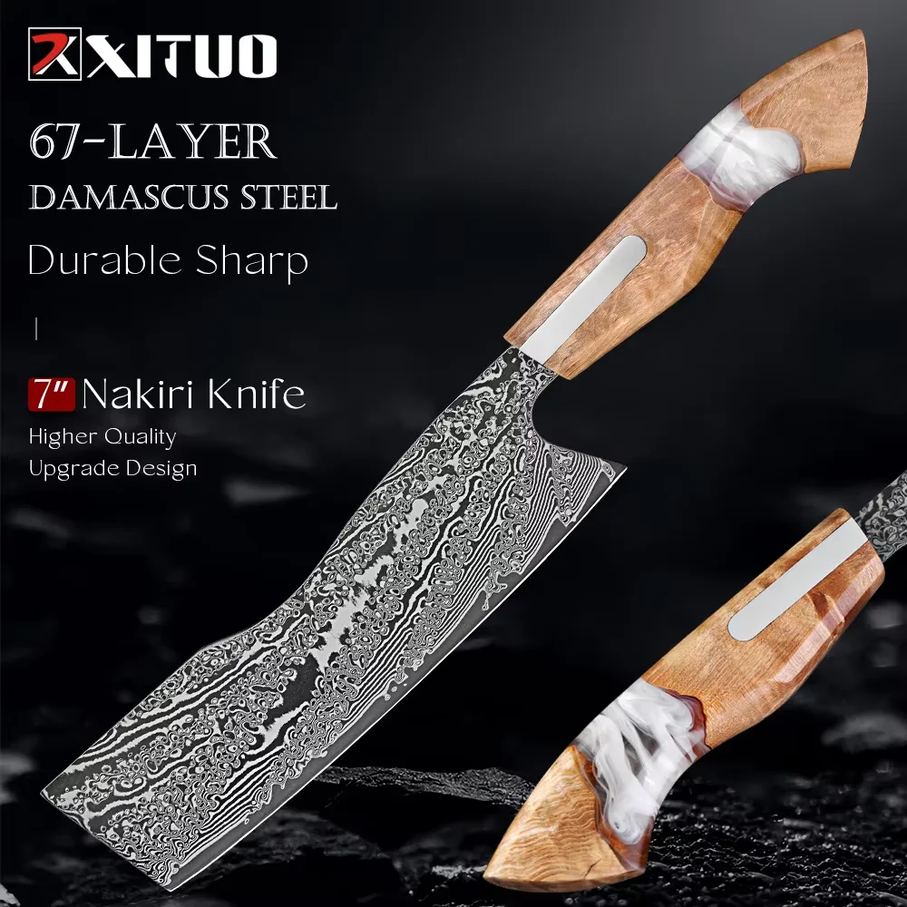 

Japanese 7Inch Nakiri Knife 67 Layers Damascus Steel Sharp Chef Knife Professional Kitchen Knife for Vegetables & Sushi Knife