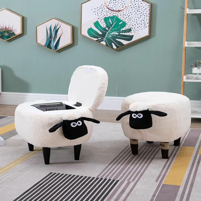 Solid Wood Storage Stool Creative Sheep Makeup Chair Living Room Shoe Changing Bench Sofa Stool with Hidden Storage