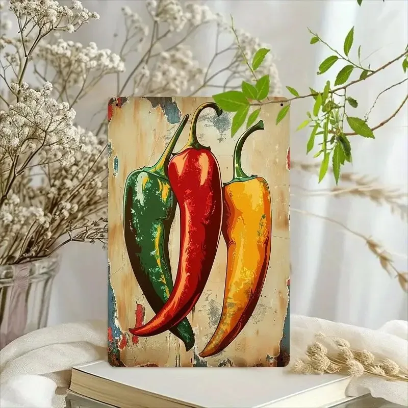 Vintage Red Pepper Metal Wall Art Aluminum Sign, Featuring A 2D Flat Design- Rustic Pepper Decoration, Durable and Perfect