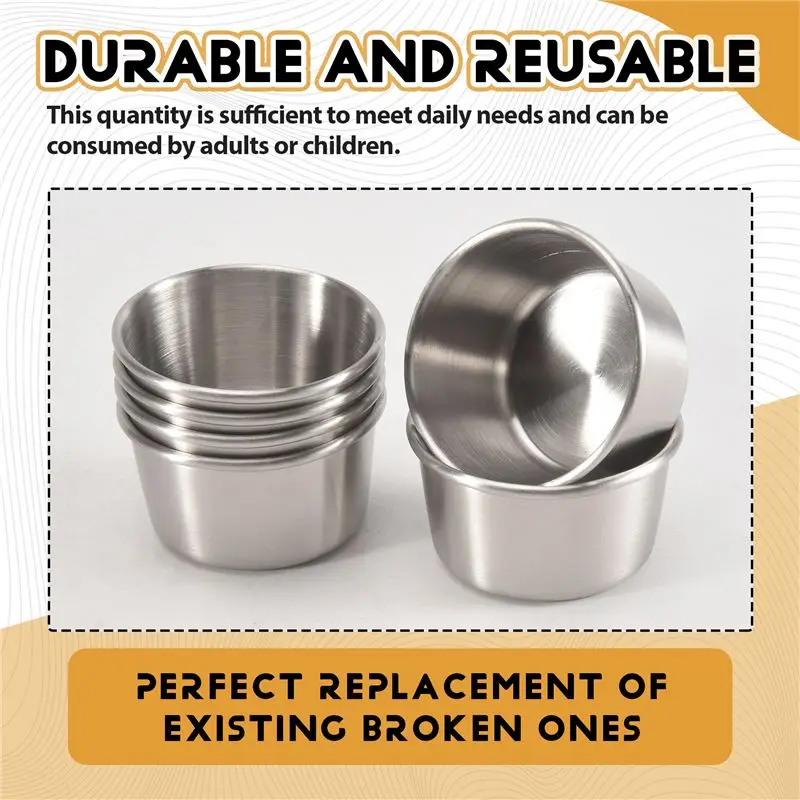 AEE8-6Pcs 2 Oz Stainless Steel Dipping Sauce Cup, Mini Dip Bowls, Reusable Metal Condiment Cups Ramekins Containers