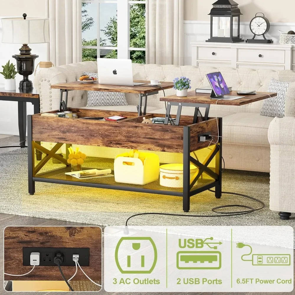 Lift Top Coffee Center Table with LED Light and Power Outlet, Modern Table with Storage Shelf for Living Room, Lift Tabletop