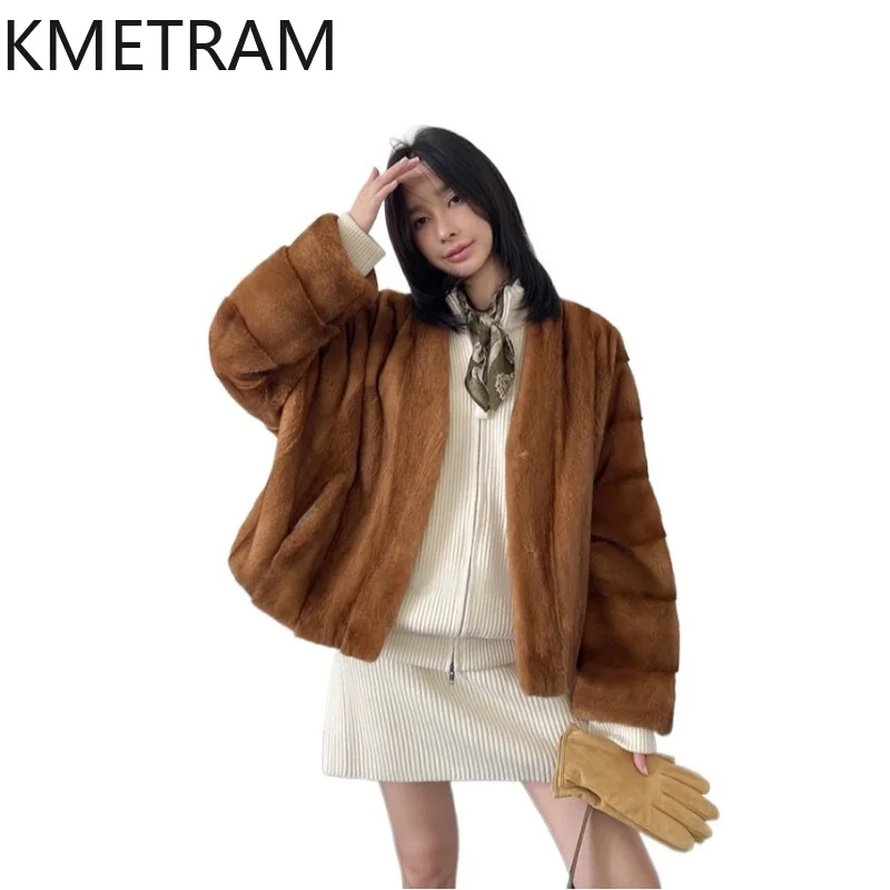 Kmetram Chaqueta de Piel de Visón Auténtica para Mujer, Nueva Colección 2026, Abrigo Corto de Invierno con Cuello en V, Estilo Vintage, Roupas Femininas