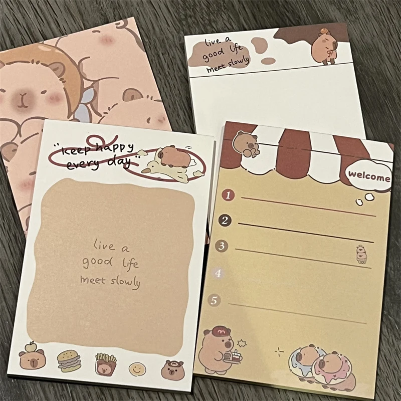 Bloc-notes de dessin animé mignon Capybara A7, papier à message Kawaii, liste de choses à faire des étudiants, notes scolaires, papeterie, ensemble de 4 nettoyage, 50 feuilles