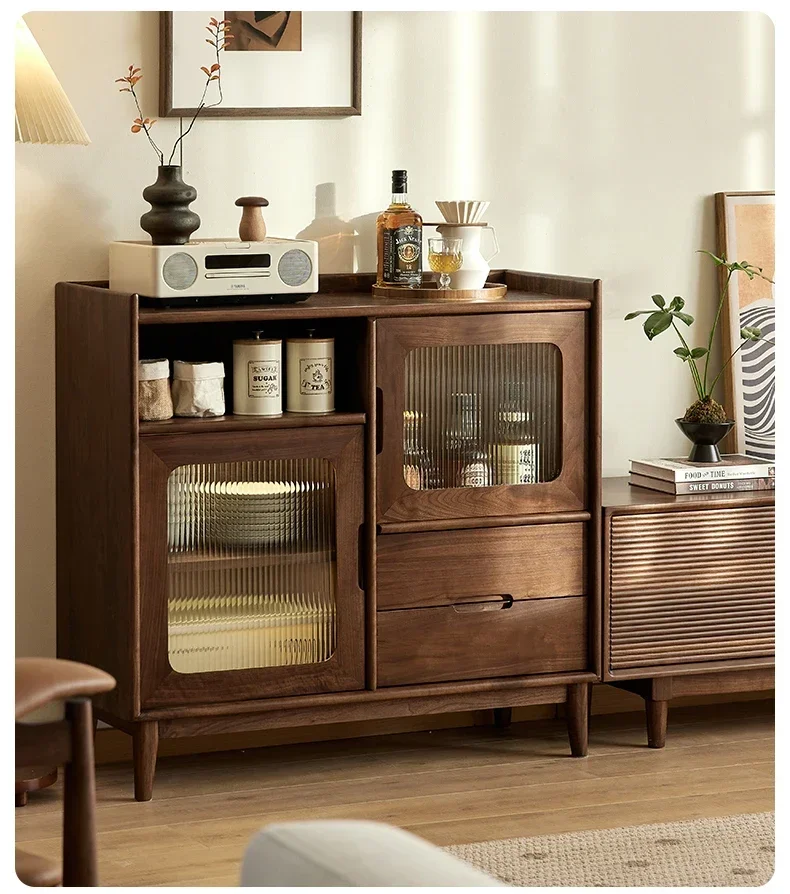 Black walnut dining side cabinet Nordic simple wrong grid side cabinet Household tea storage cabinet against the wall