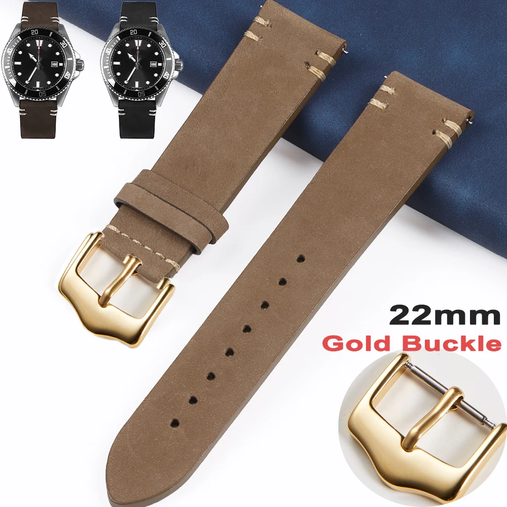 Echtes mattes Leder für Seiko Uhrenarmband 22mm Armband Zubehör Goldschnalle Universal Vintage handgefertigtes Herren Damen Armband