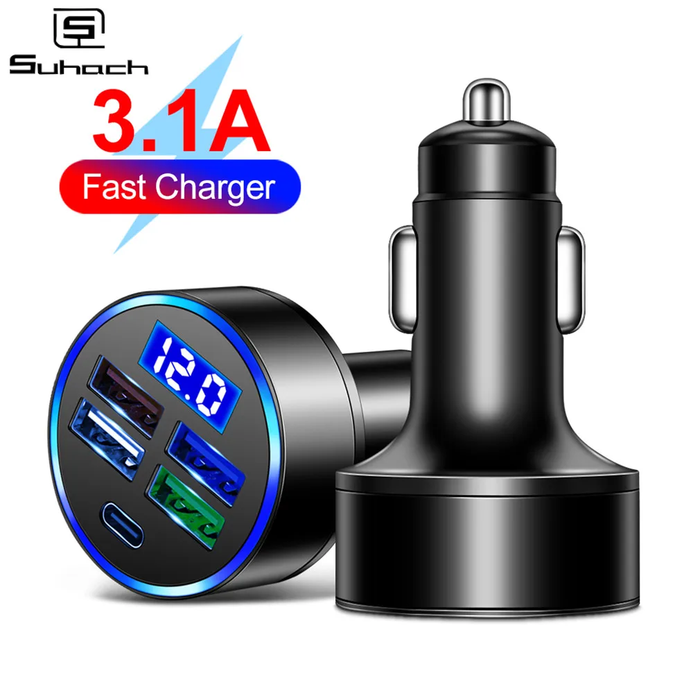 4 Ports USB C Car Charger For iPhone Xiaomi Type C PD Mobile Phone Charger Digital Display Mini Fast Charging Adapter