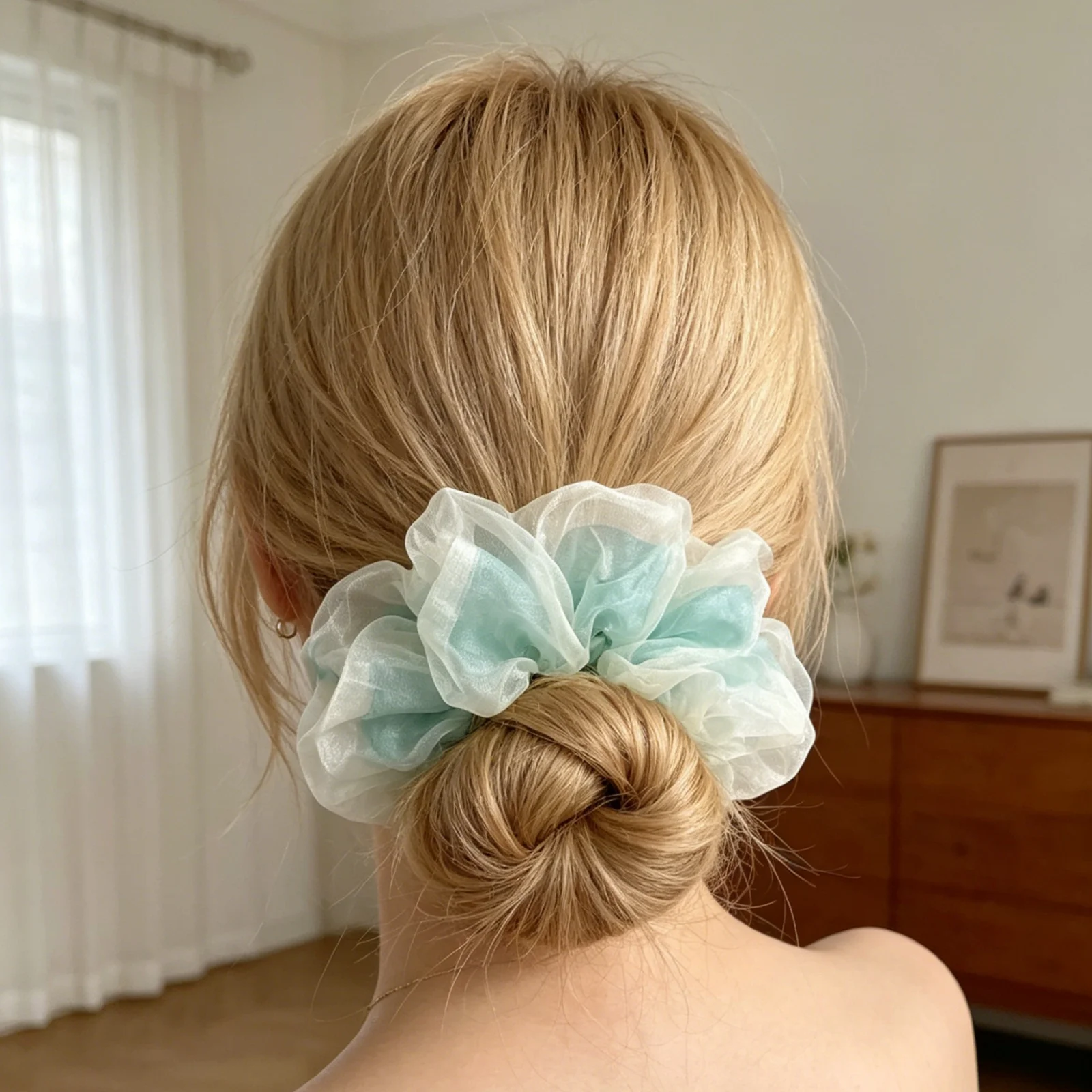 1PC Coletero de Organza de Doble Capa Verde Menta Estilo Coreano, Coletero Elástico de Tul Transparente para el Cabello, Accesorios Diarios y de Fiesta para Mujer