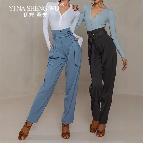 Imagen 2 del producto Traje de entrenamiento de baile latino profesional, pantalones, nuevos pantalones de mujer, vendas de cintura alta, traje de Tango para adultos