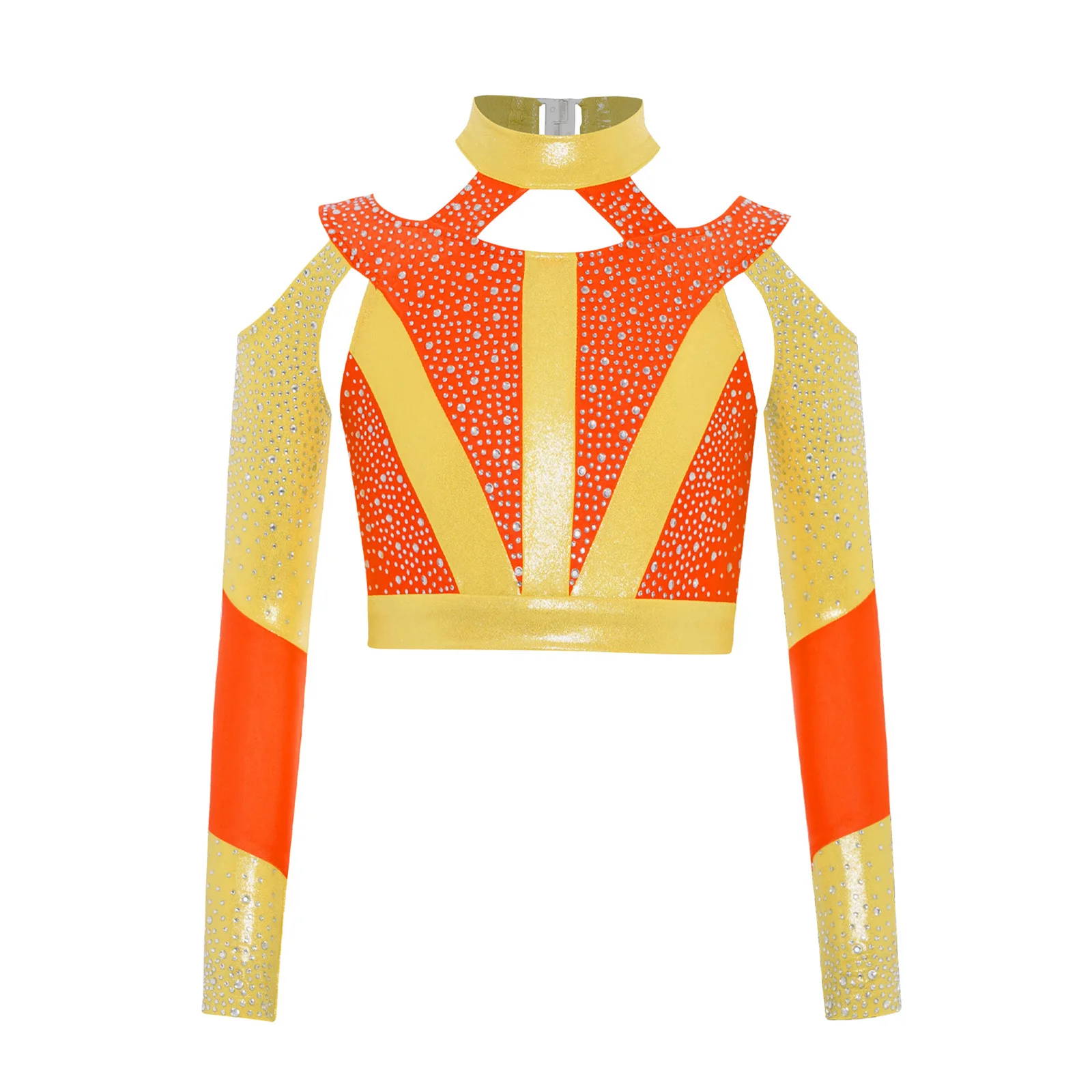 

Kids Girls Ballet Crop Top Gymnastics Workout Acrobatics Skating Dance Costume Long Sleeve Rhinestone Cross Back Cutout Tank Top