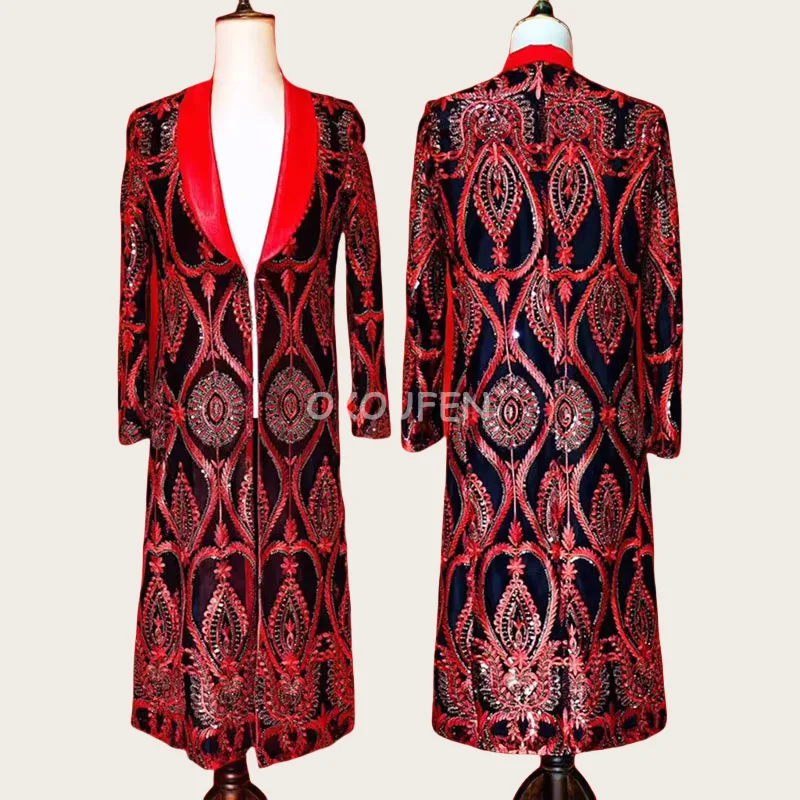 Fashion New Red Totem Embroidery Long Coat Costumes Nightclub bar male singer DJ  Party show stage performance jacket