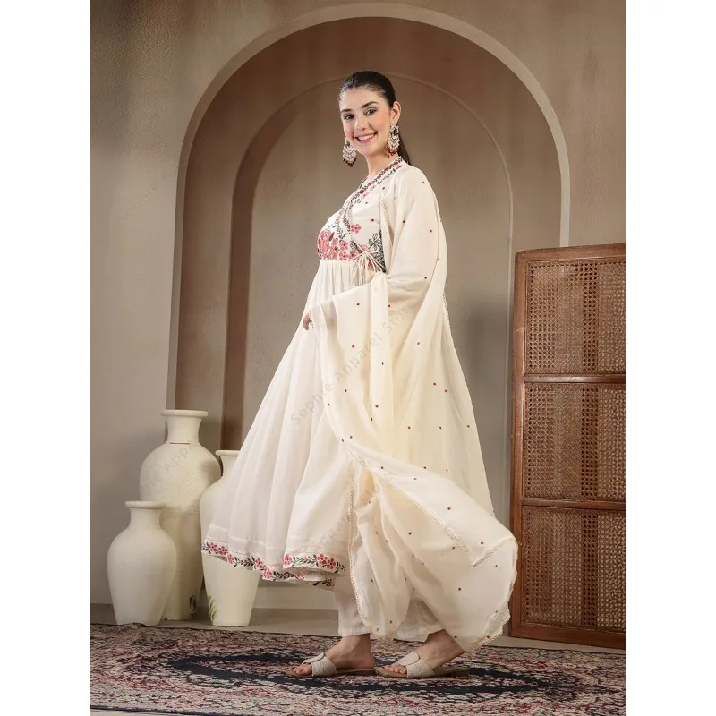 White Cotton Anarkali Kurti Set with Pant Dupatta Floral Embroidered Indian Ethnic Wear Elegant Summer Suit for Women - view 2