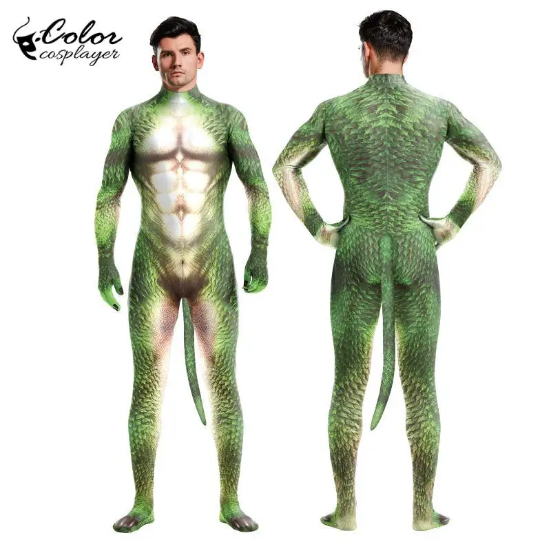 Color Cosplayer Men 3D Crocodile Texture Printed Cosplay Costume Bodysuit with Tail Crotch Zipper Jumpsuits Catsuit Zentai Suits