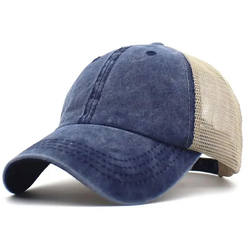 6 Panel Washed Dyed Cotton Dad Hat Vintage Mesh Trucker Cap for Men Dark Grey Navy Khaki Orange