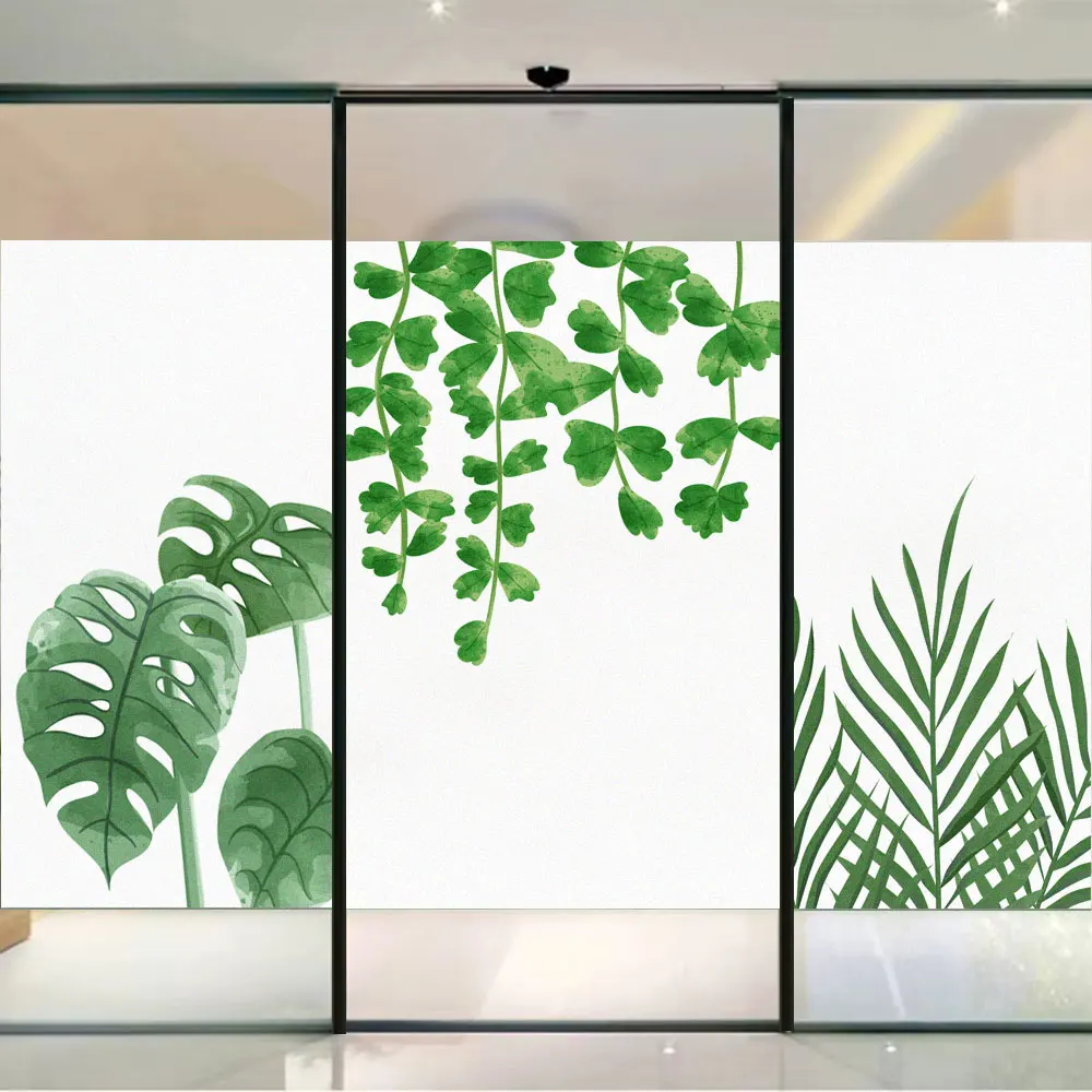 

Green Plant Frosted Glass Window Privacy Film Non-Glue Static Clings Sliding Door Decorative Sticker Anti-UV Glass Window Film