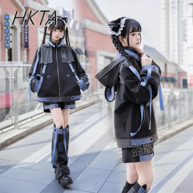 Subculture Goth Y2k-Chaqueta deportiva con mangas extraíbles para mujer, traje holgado y dulce, Top de Anime bidimensional, pantalones cortos negros y azules