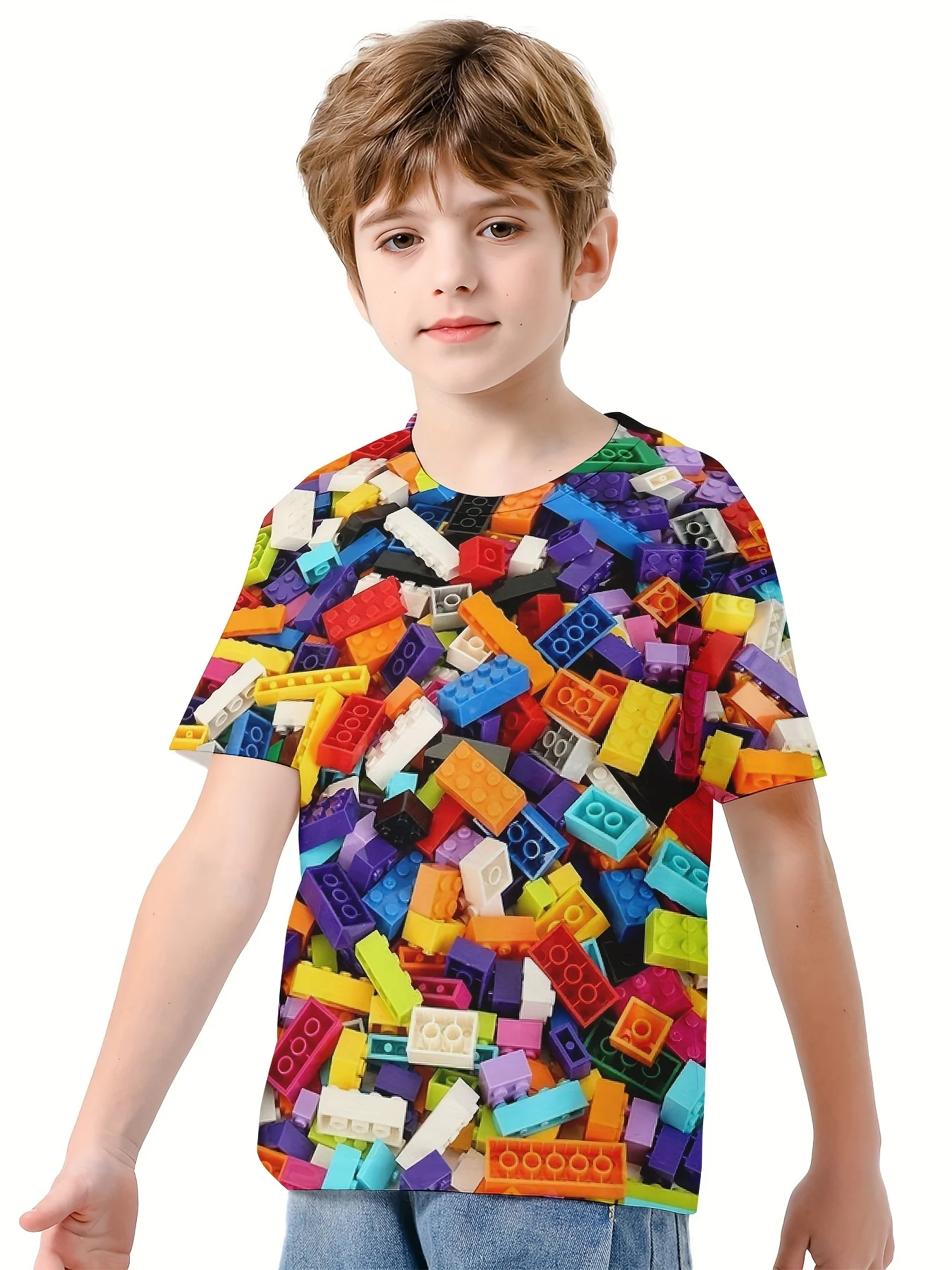 Summerboys color building blocks 3D printed T-shirt boys and girls neutral style short-sleeve shirt casual parent-child clothing