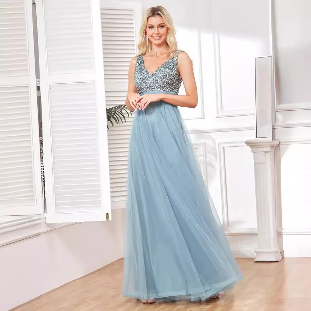 2024 Sleeveless Evening Dresses V-Neck Leaf Tulle Embroidery Long Party Gown Elegant A-Line Formal Dress