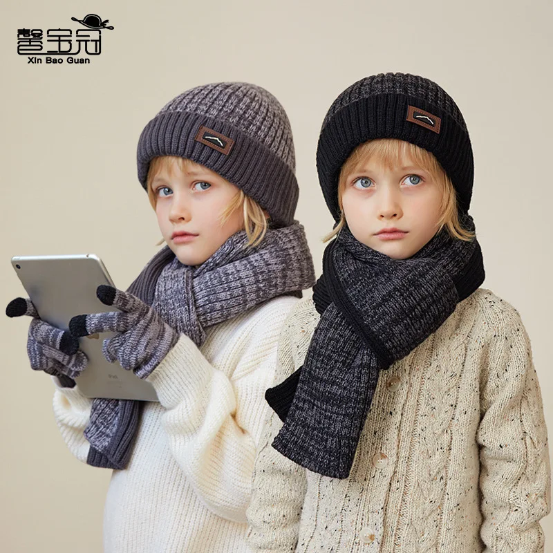 

Children's Hat Scarf Gloves Three-Piece Set Winter Boy Outdoor Keep Warm Fleece-Lined Knitting Woolen Cap-Border