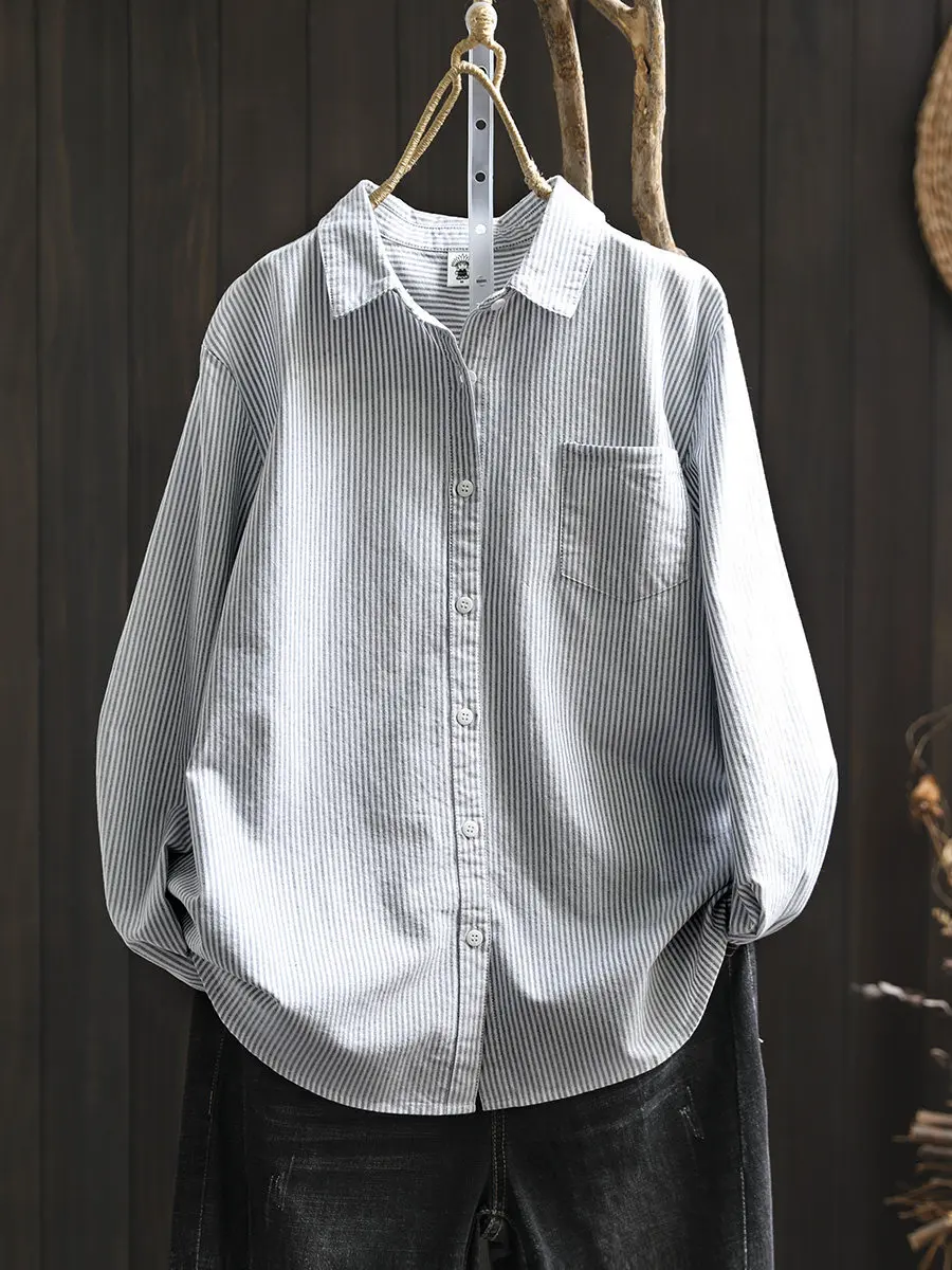 Camisa Larga de Algodón Puro Artístico con Rayas Azules para Mujer, Ropa Casual de Primavera 2026, Estilo Holgado para el Trabajo, Cuello Redondo