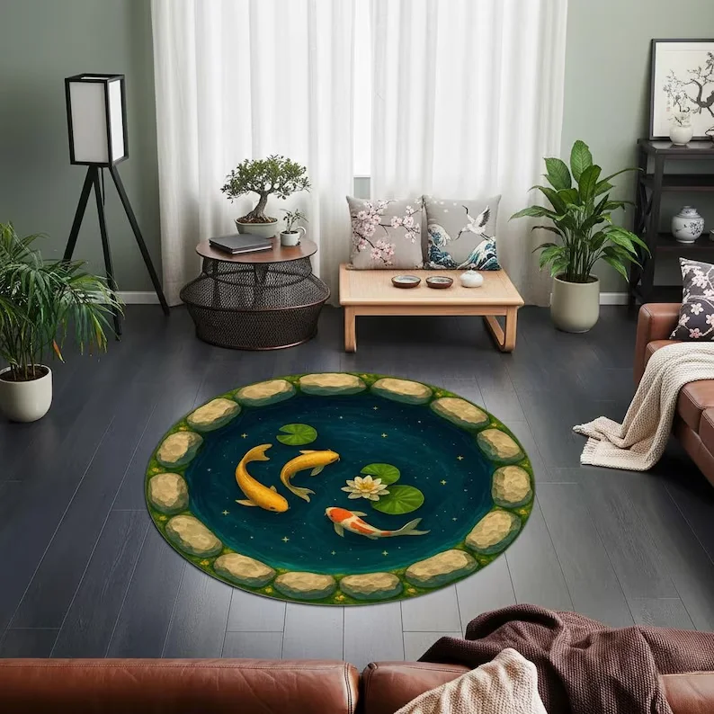 Koi Pond Harmony Rug Round Koi Fish Carpet with Water Lily Rock Frame Tranquil Japanese Inspired Rug for Peaceful Zen Home Decor
