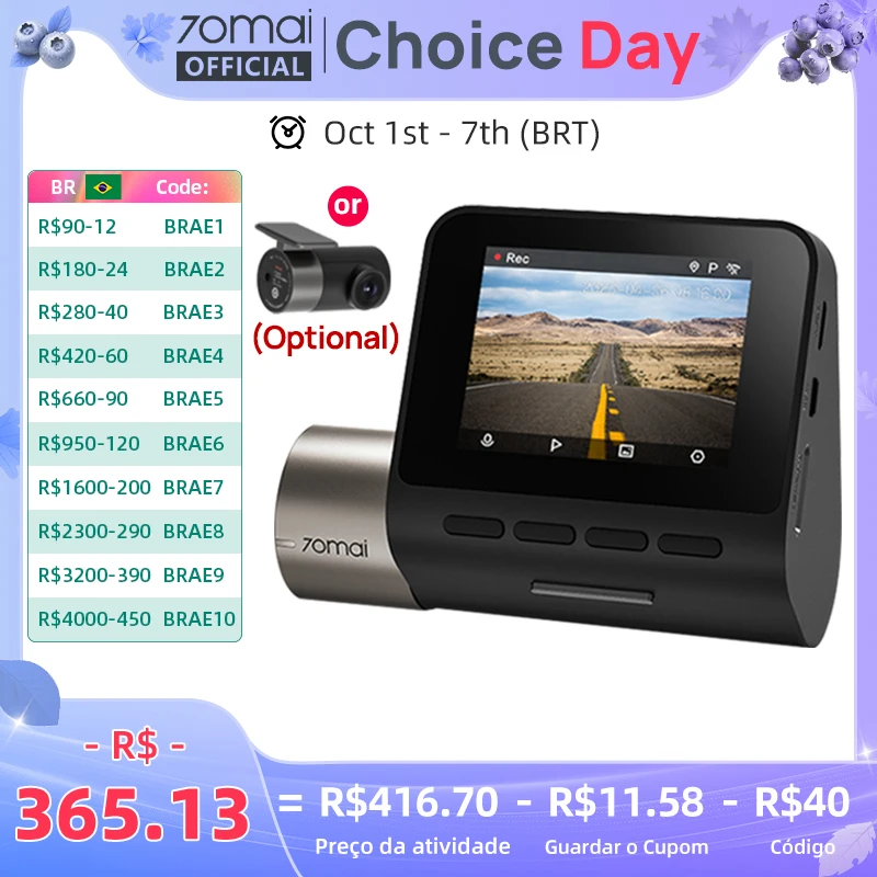 70mai Pro Plus Dash Cam A500S 1944P 70mai Câmera DVR para carro GPS ADAS 140FOV 24H Monitor de estacionamento 70mai Pro Plus A500S