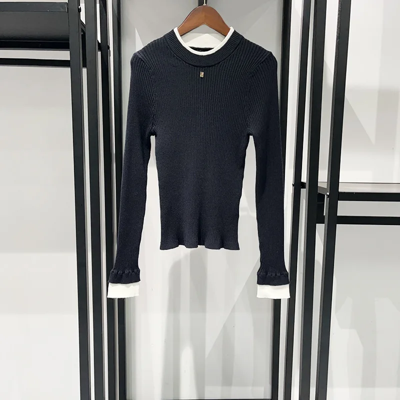 【Geschenk kostenlos】 Graues, geripptes Stretch-Strickoberteil für Damen im Herbst und Winter 2025, mit Rundhalsausschnitt und Kontrastbesatz