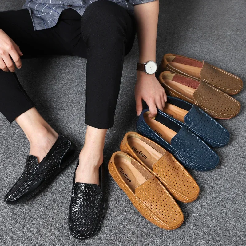 2024 Casual Shoes Summer Men Luxury Brand Genuine Leather Mens Loafers Moccasins Hollow Out Breathable Slip on Driving Shoes