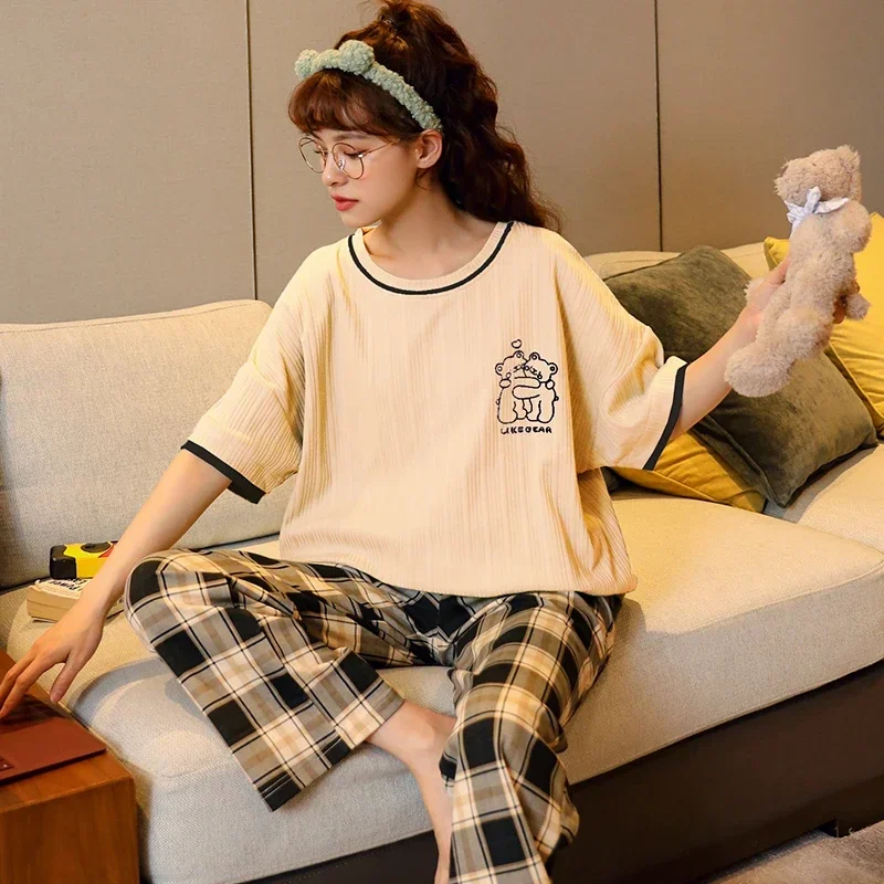 Women Long Pants Short Sleeved Summer Loungewear Fashion Home Clothing Homewear New Cartoon Sleepwear for Girl Leisure Lady Suit