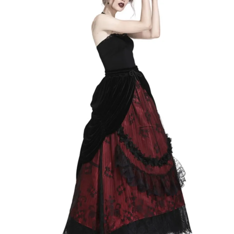 Gothic Black Red Wave Velvet Lace Maxi Dress