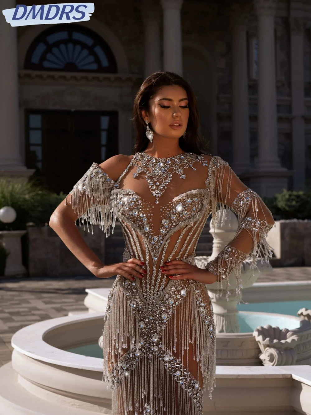 Sparkly Rhinestones Tassel Prom Gown Luxury Straight Long Cocktail Dresses Sexy Illusion Evening Dress Customized Robe De Mariée