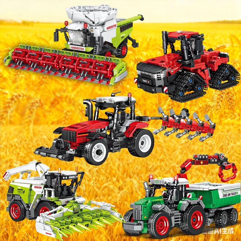 รถแทรกเตอร์เกษตรกรพร้อมรถพ่วง รถบรรทุกเก็บเกี่ยว ชุดตัวต่อโมเดลรถบรรทุก เครื่องมือที่สะดวกสำหรับการก่อสร้างในเมือง ของเล่นเด็ก ของขวัญ