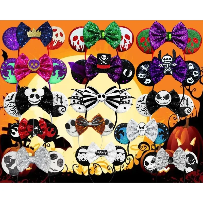 

Повязка на голову с ушками Disney Happy Halloween, женская повязка на голову на Хэллоуин, Пасха, повязка для волос с бантом и блестками для девочек, аксессуары для волос, детский подарок на день рождения Coslpay