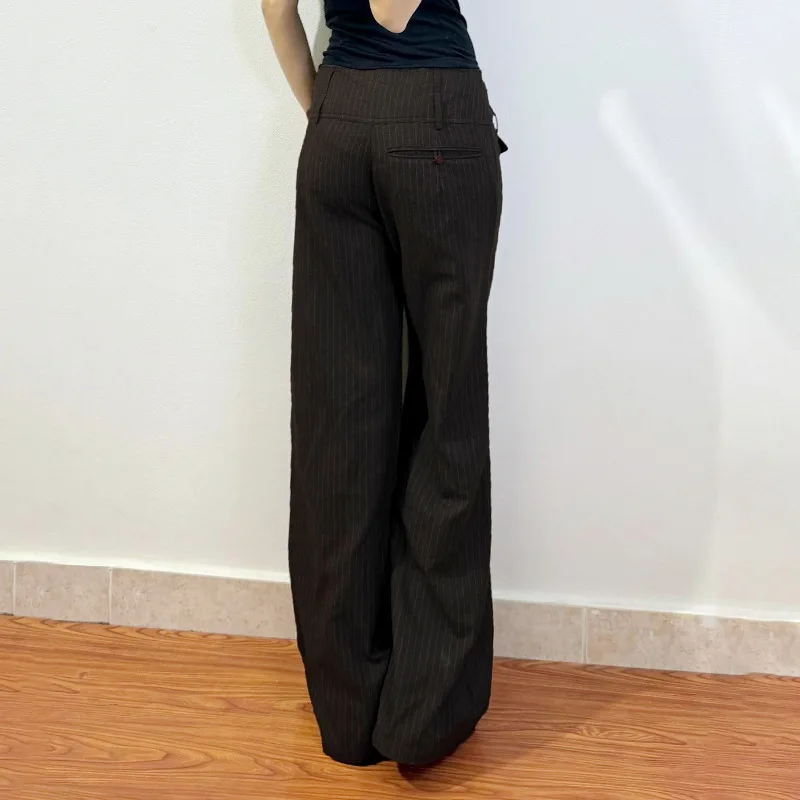 90s Retro Button Stripe Pants Women's Low Waist Loose Wide Leg Casual Pants Summer Street Style Y2k Aesthetic Suit Pants Straigh