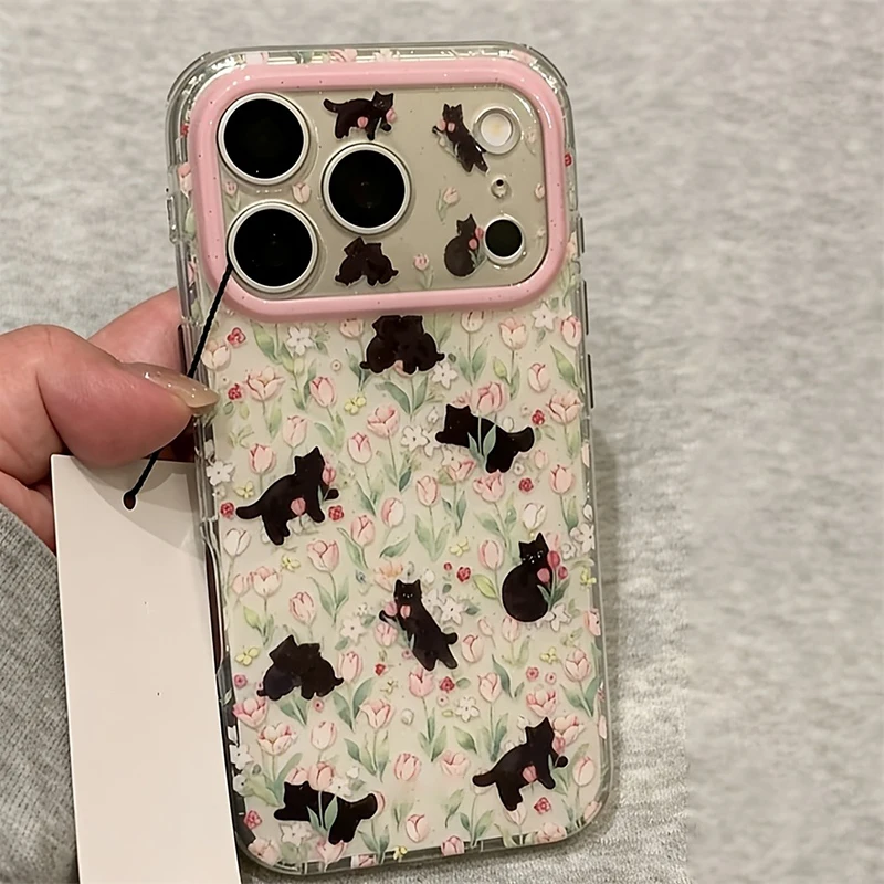 Niedliche Schwarze Katze Blumenmuster Silikon Handyhülle für iPhone 17 16 15 14 13 12 11 Pro Max Stoßfeste TPU Bumper Hülle