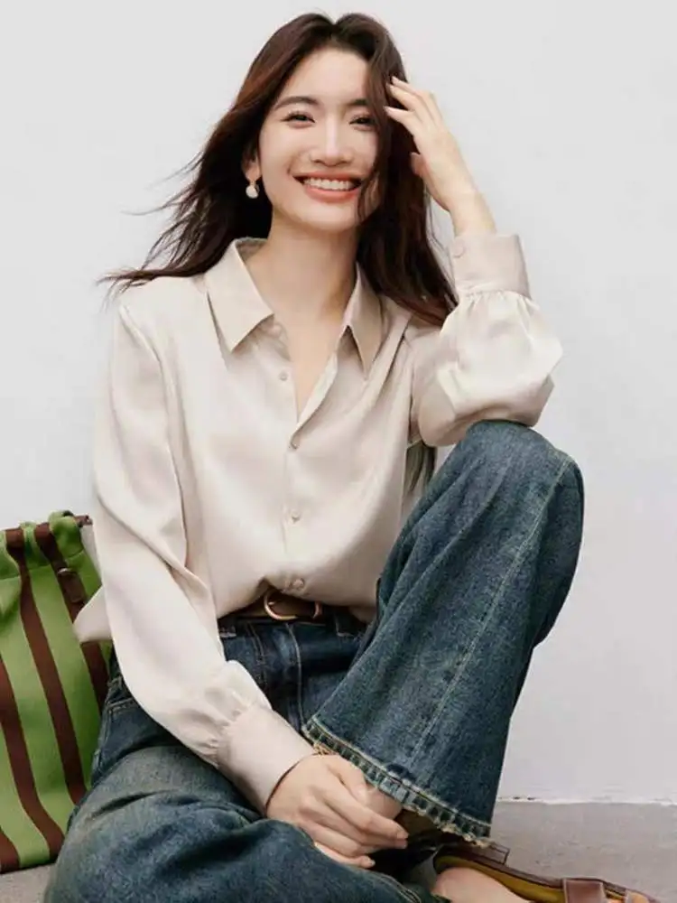 Brand Outlet Silk Shirt Women's Elegant Long Sleeve Slimming Hanging Sensation Spring Autumn New Style Commute Simple Style