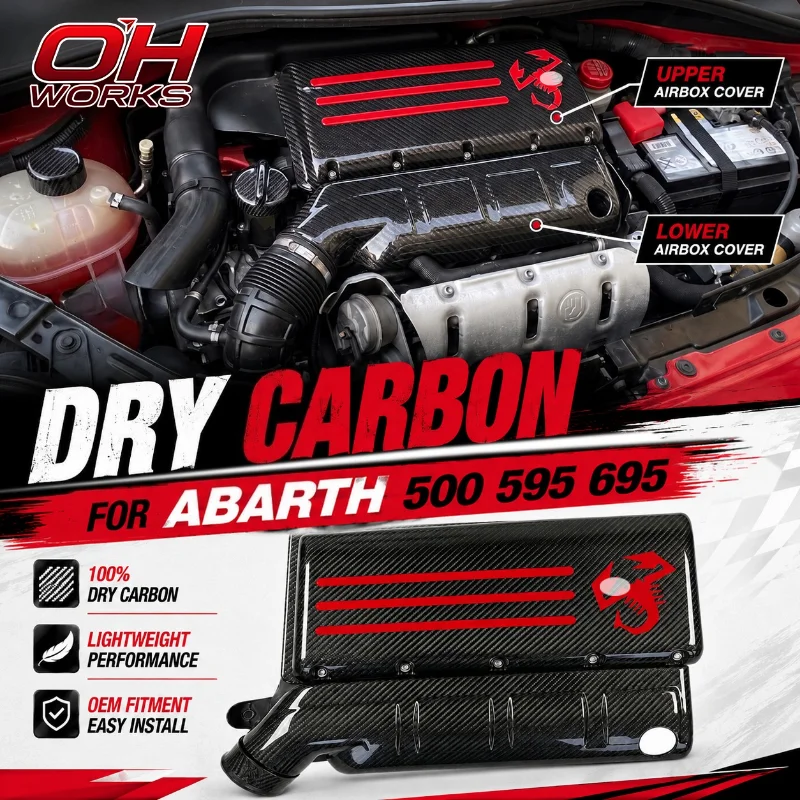 Real Dry Carbon Fiber Air Filter Box Cover&Lower Housing Airbox Kit For Abarth 500 595 695 1.4 T-Jet Engine Bay Trim Accessories