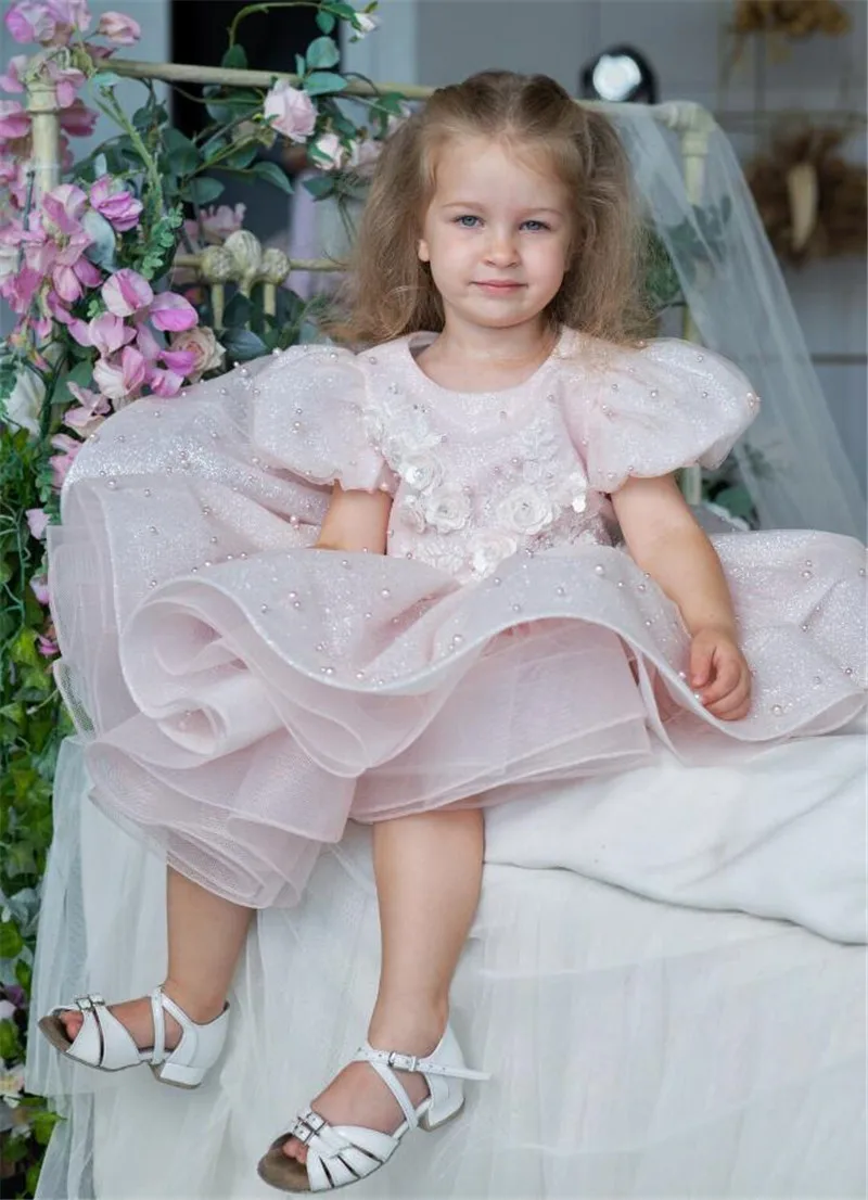 Blush Baby Girls Birthday Party Gown with Bow Floral Lace Pearls Flower Girl Dress Knee Length First Communion Dress 12M 24M