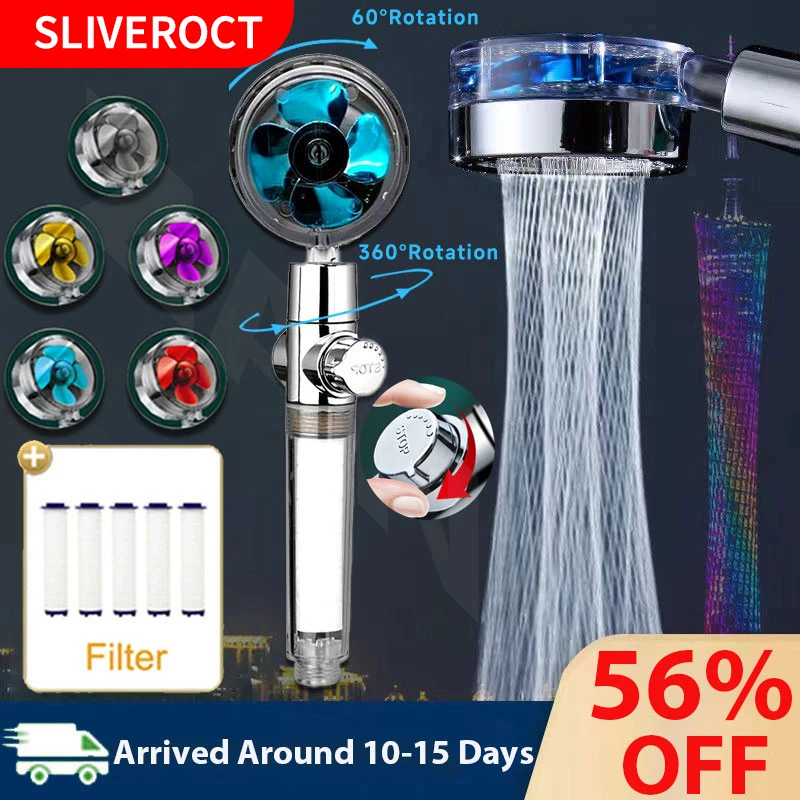 Bathroom Shower Head 360 Degree Rotatable Turbo Fan With Stop Button Water Saving High Pressure Handheld Filter Shower Head Set