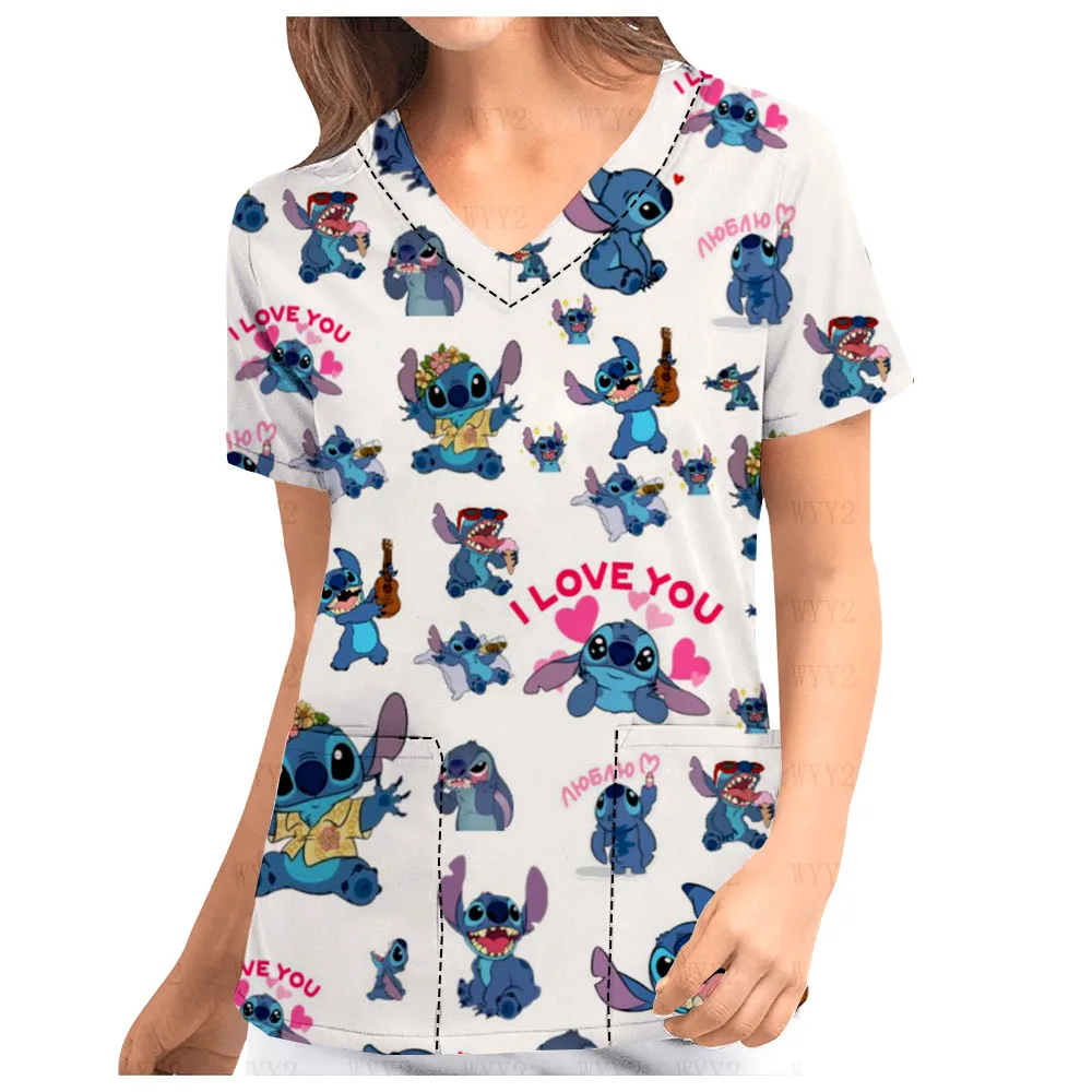 2025 Summer Disney Stitch Cute Print V-Neck Print Scrub Top Pet Shop Medical Uniform Nurse Women's Nurse Top