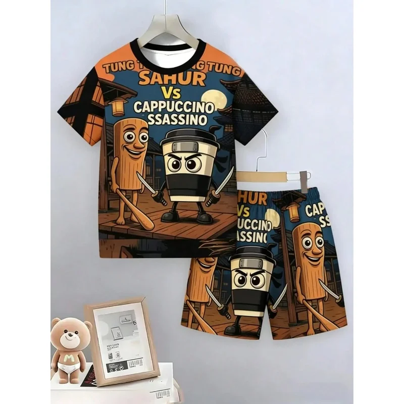 Boys' Tie-Dye Cartoon T-Shirt And Shorts Set Short Sleeve Comfortable Casual Wear for Daily Leisure Fun Outfit