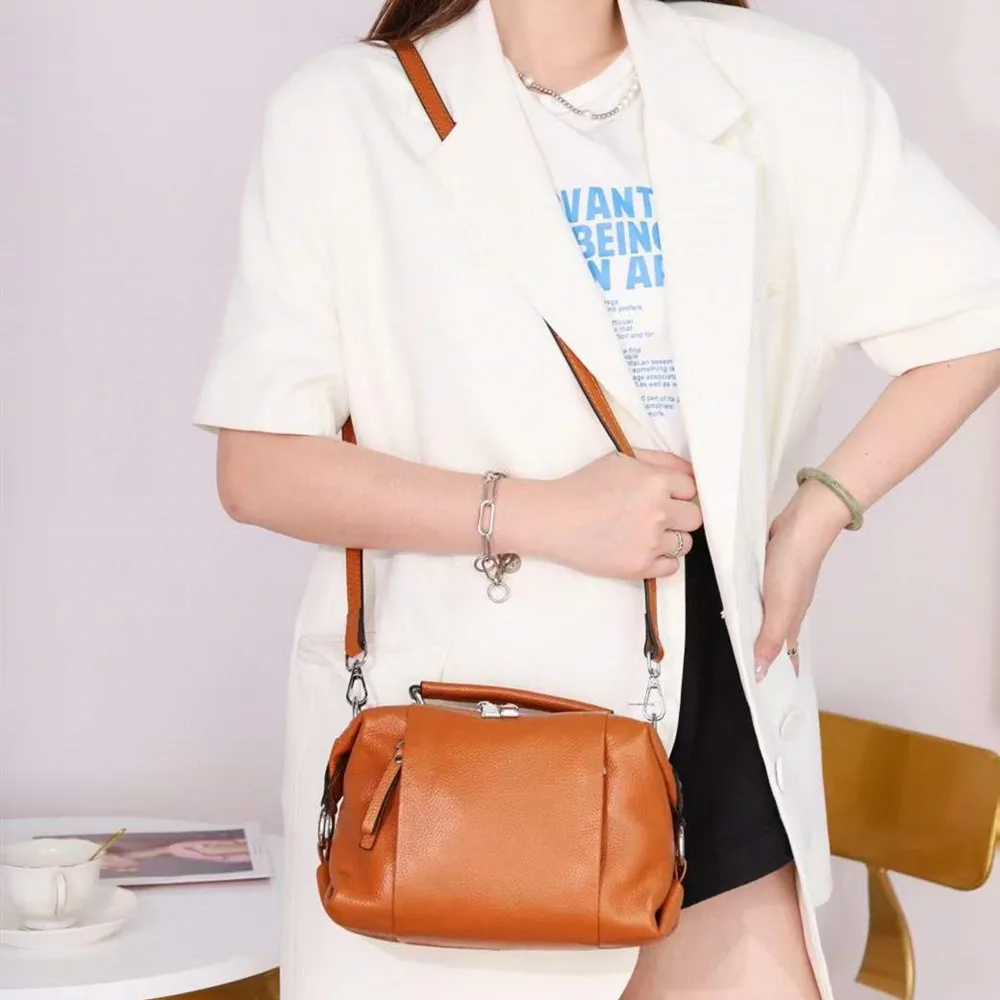 Luxury Women Tote Handbag 100% Genuine Leather Boston Shoulder Bags With Wide Strap High Quality Female Top Handle Messenger Bag