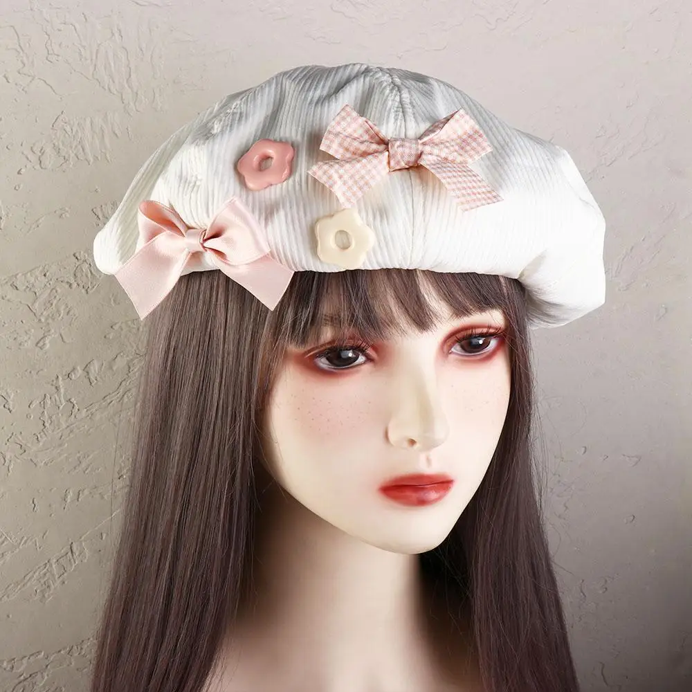 Personality Solid Color Bow Flower Beret Y2k Cotton Octagonal Cap Pumpkin Cap Japanese Painter Hat Autumn