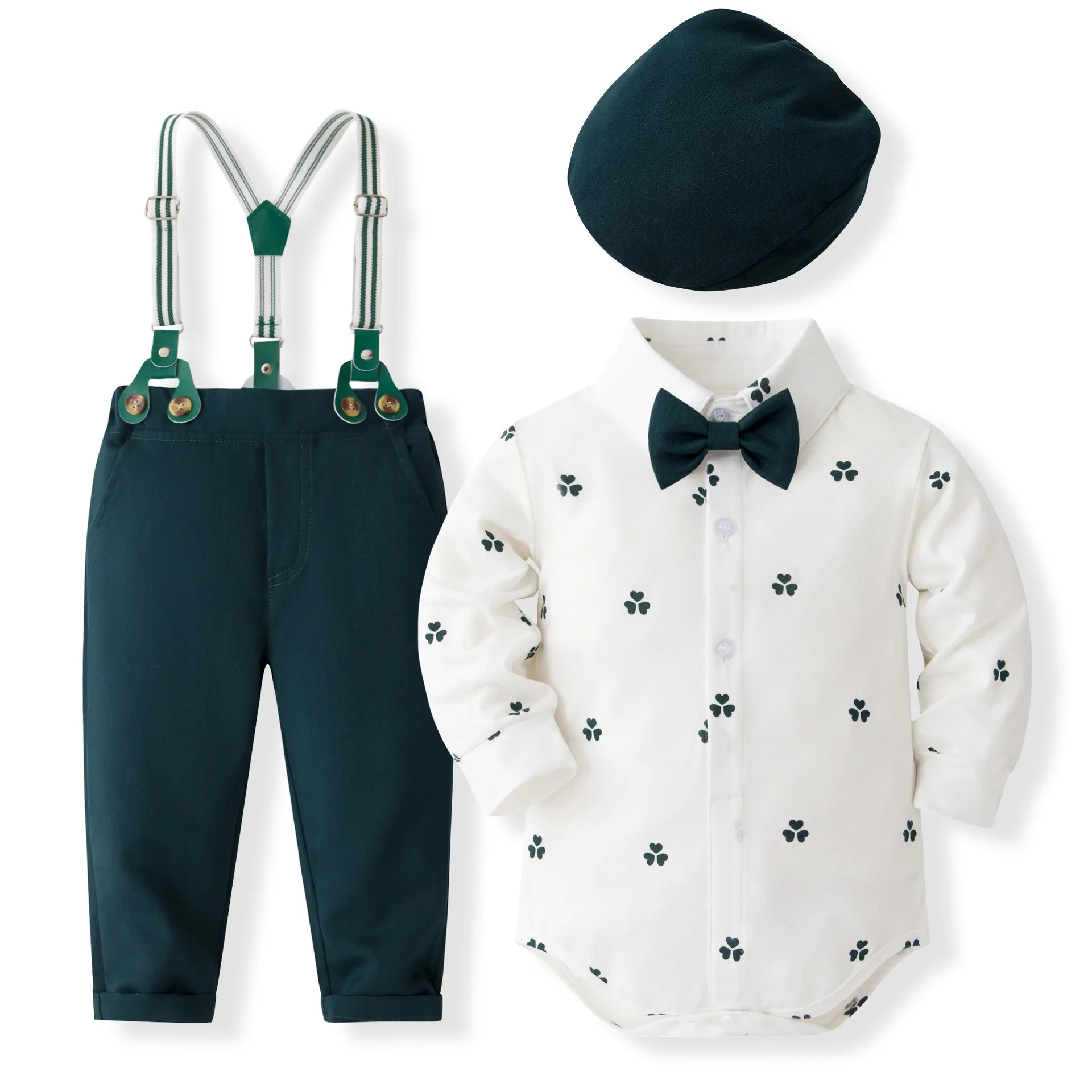 5Piece Spring Fall Boys Outfit Set Korean Fashion Gentleman Tie Long Sleeve Cotton Bodysuit+Pants+Hat New Born Baby Clothes B150