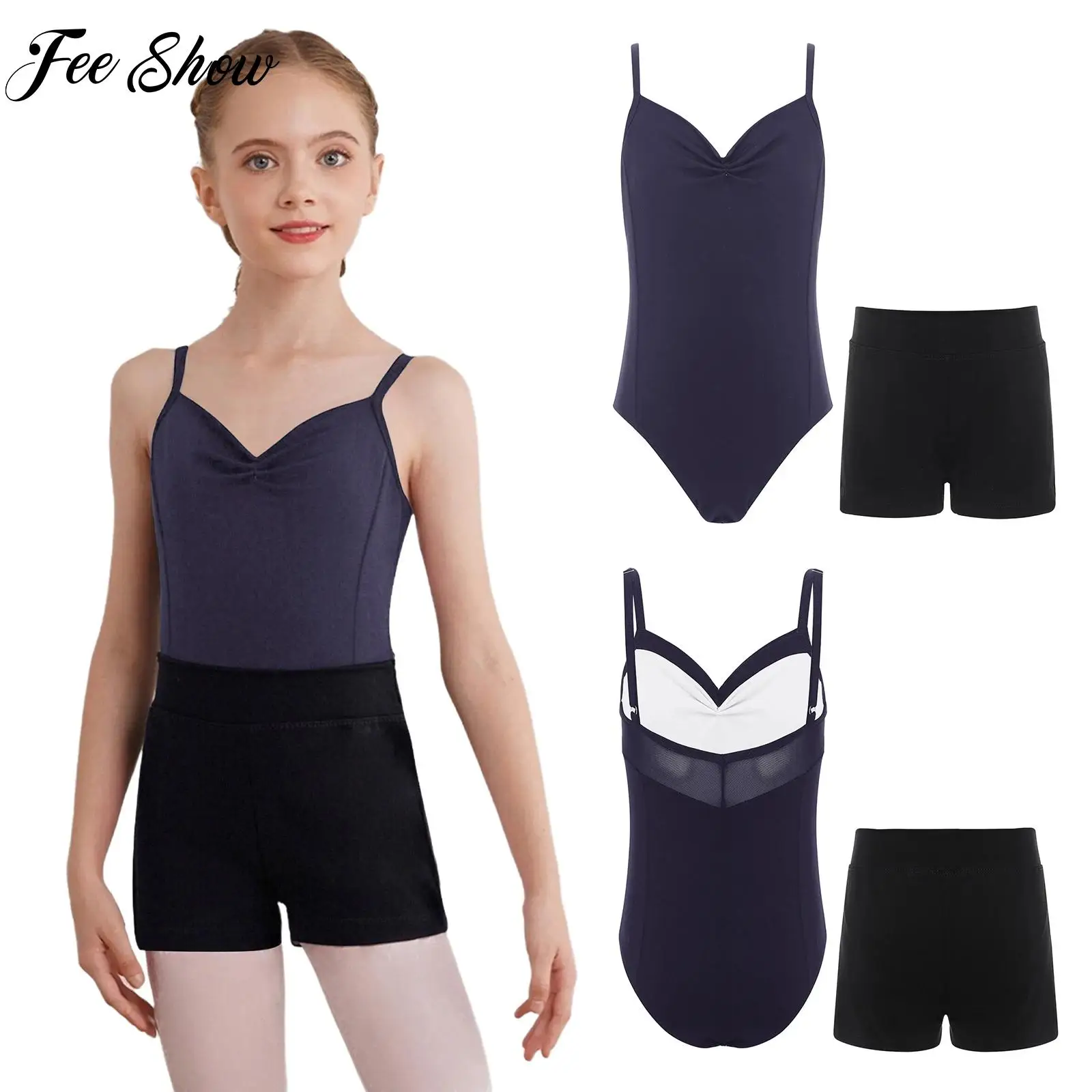 

Kids Girl Ballet Dance Figure Skating Outfit Sleeveless Ruched Leotard+Shorts Set for Gymnastics Performance Party Training Wear