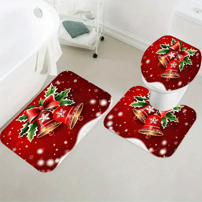 

3pcs Christmas Bell Bath Mat Set with Toilet Lid Cover + U-Shaped Floor Mat, Non-Slip Flannel Festive Holiday Decor