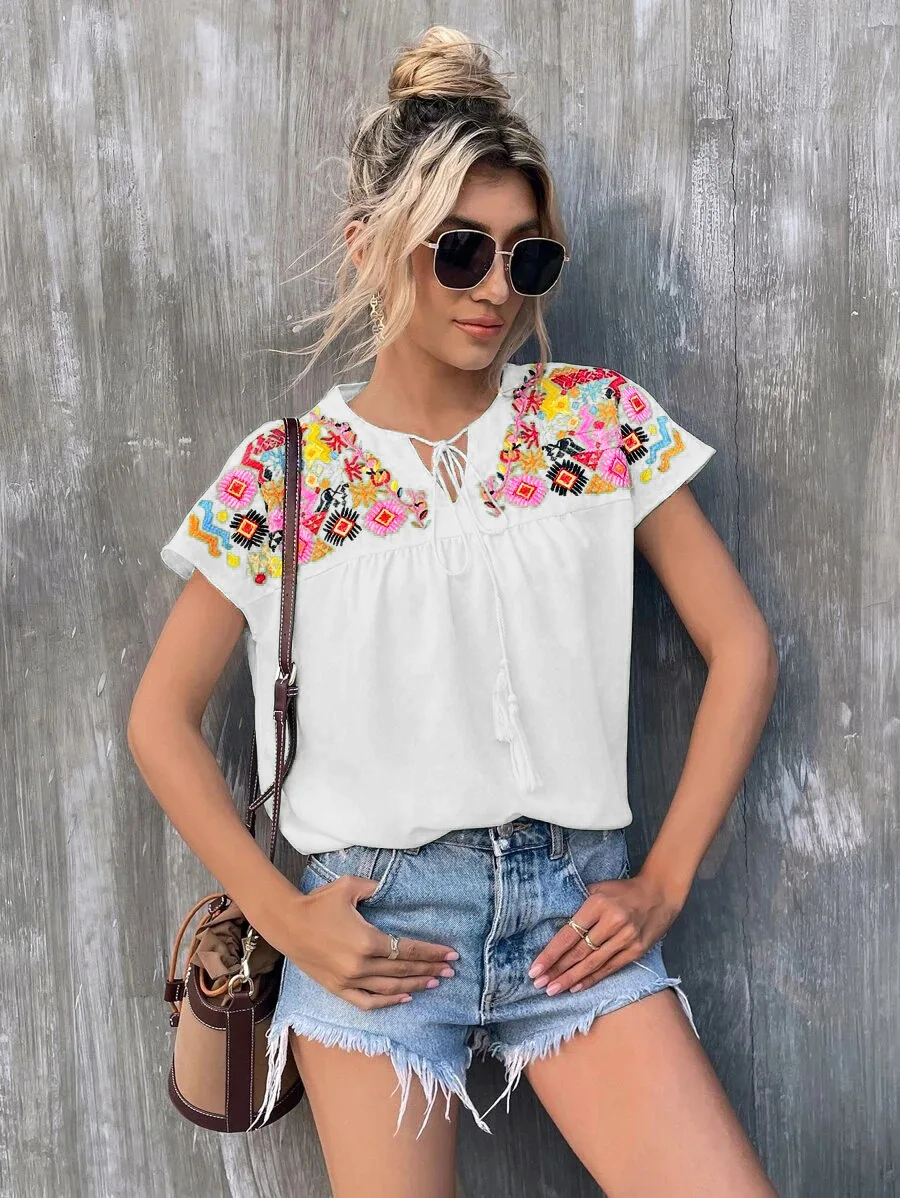 

2023 New Embroidery Lace Up Shirt Blouse Women Casual Short Sleeve Pure Color Top Office Lady Summer Loose Tassel Shirts White