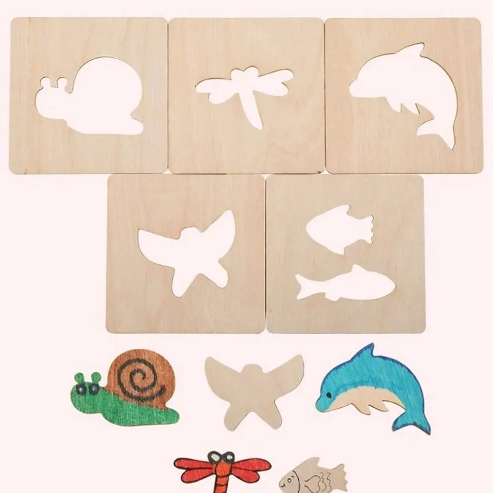 20pcs 몬테소리 어린이 장난감 그리기 장난감 나무 DIY 그림 템플릿 스텐실 어린이를위한 교육 장난감 학습 선물